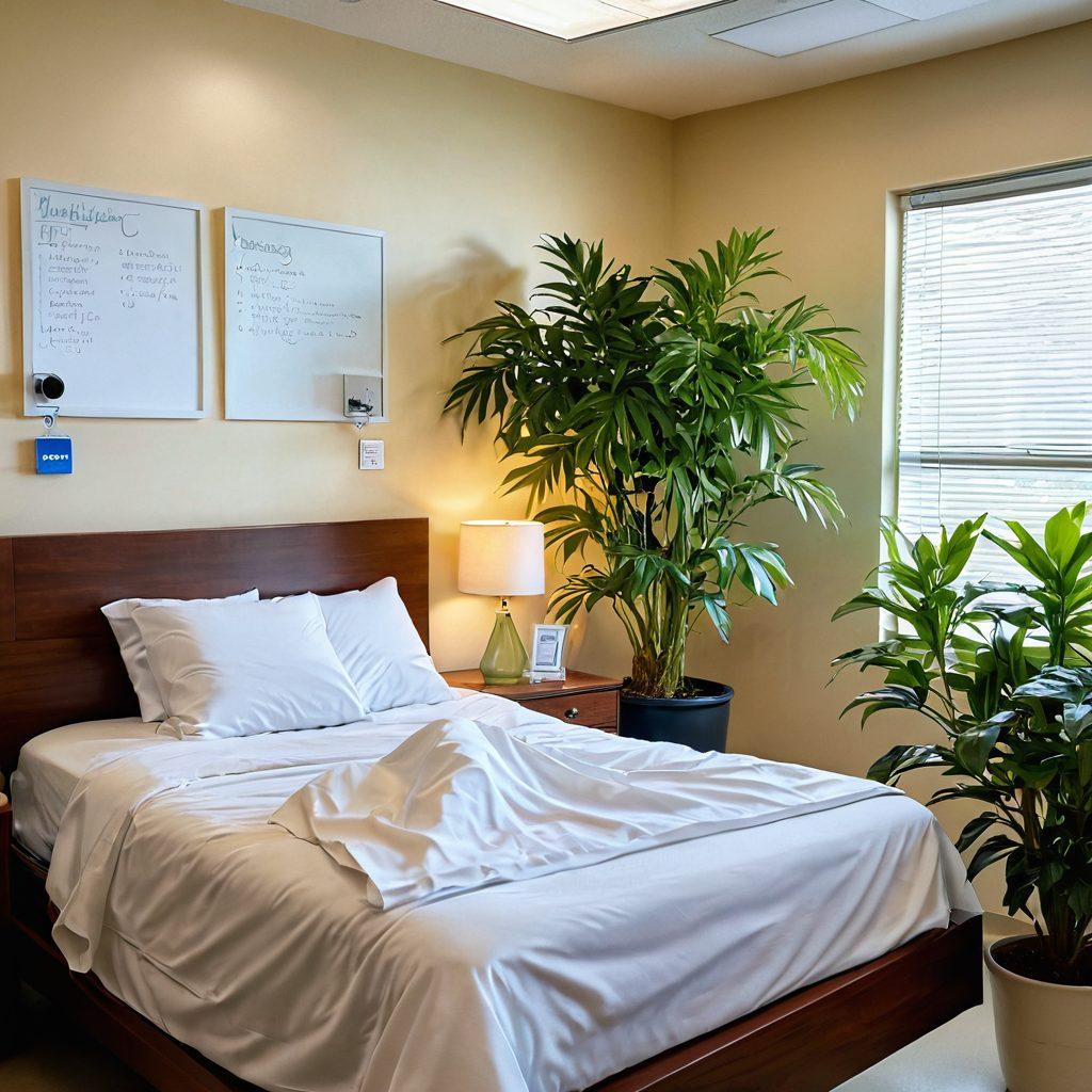 A serene hospital room with soft lighting, featuring a patient in a comfortable bed receiving support from a loved one. A lush plant in the corner symbolizes hope, while a whiteboard displays essential tips for cancer support and prevention. The scene conveys warmth, empathy, and encouragement. super-realistic. vibrant colors. soft background.
