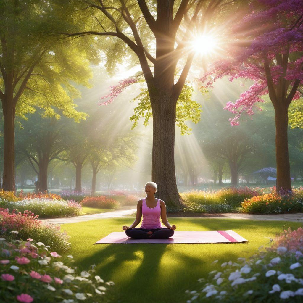 A serene landscape illustrating a supportive community, featuring diverse cancer survivors sharing their stories in a peaceful park setting. A vibrant sunbeam shining through trees symbolizes hope and empowerment, alongside elements like colorful flowers and an artful ribbon representing cancer awareness. Subtle images of healthy lifestyle activities like yoga and nutrition blend into the environment. super-realistic. vibrant colors. peaceful atmosphere.