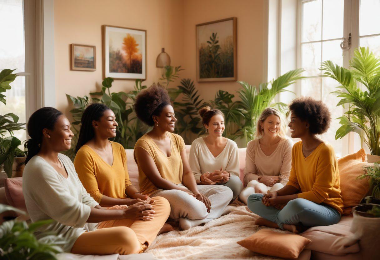A diverse group of resilient individuals sharing their inspiring stories in a cozy, sunlit room filled with plants and soft textures. Each person uniquely represents strength, hope, and courage, with radiant smiles and warm expressions. The background showcases framed images of wellness journeys and supportive community elements, creating an atmosphere of empowerment. The color palette is bright and uplifting, with soft pastels and vibrant accents. super-realistic. soft lighting. warm colors.